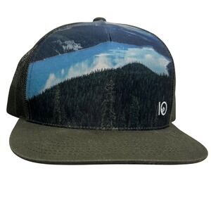 Tentree Mountain Lake Landscape Trucker Hat Olive Green Mesh Snapback Cap
